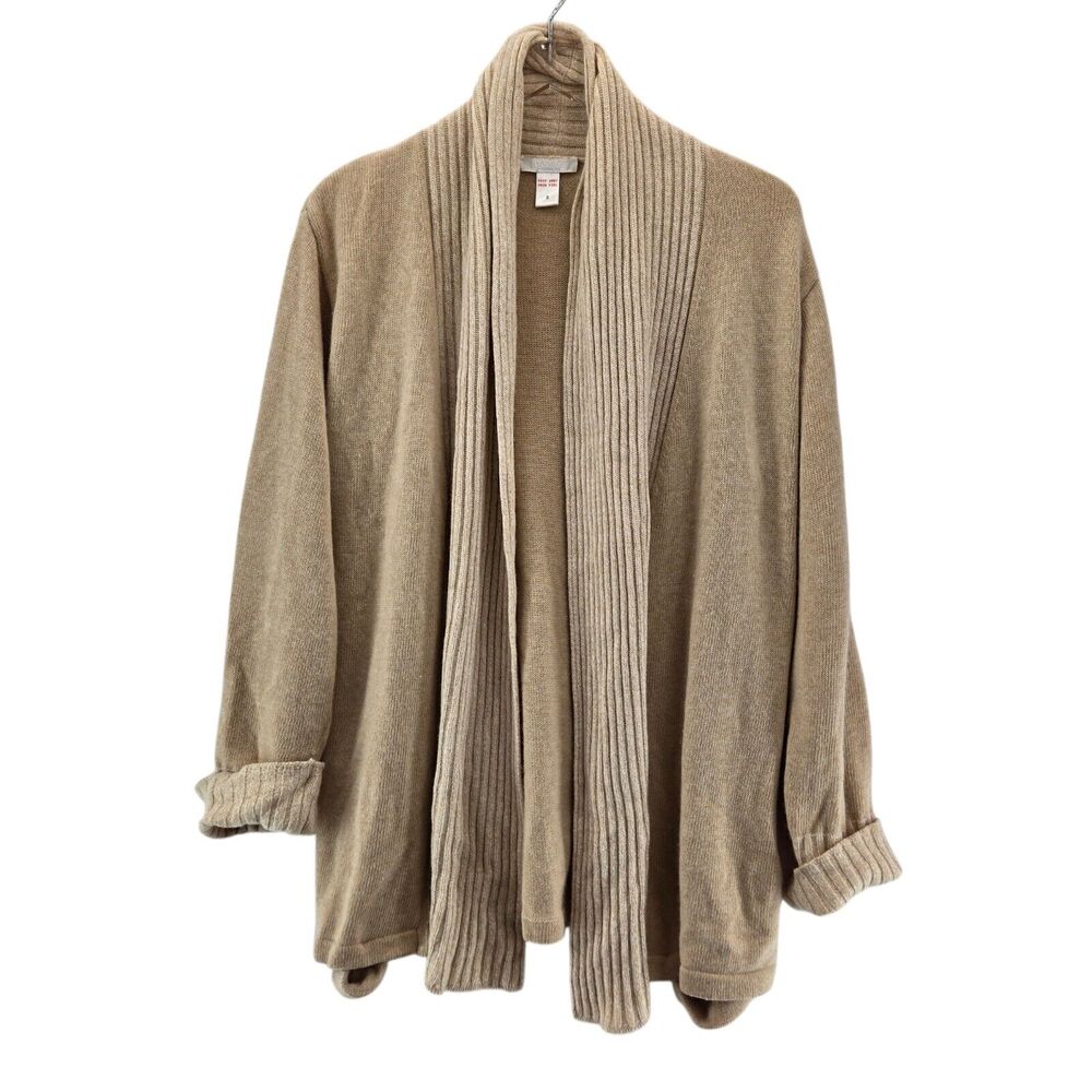 Hanro Of Switzerland Sweater Womens Small Long Open Front Cashmere‎ Wool Beige